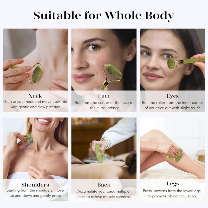 Heart-Shaped Jade Gua Sha and Facial Roller Set – Massage Tool for Lifting and Skin Care - Beauty Tools - Beauty and Yoga