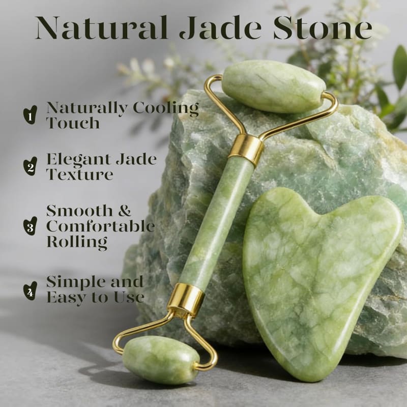 Heart-Shaped Jade Gua Sha and Facial Roller Set – Massage Tool for Lifting and Skin Care - Beauty Tools - Beauty and Yoga